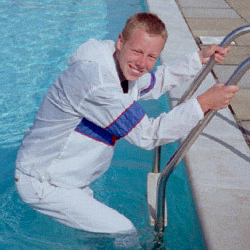 windbreaker anorak as modest swimwear in pool