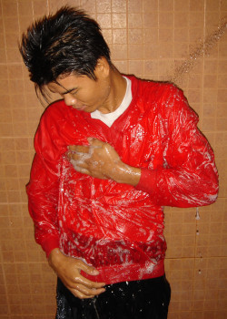 shower in a windshirt