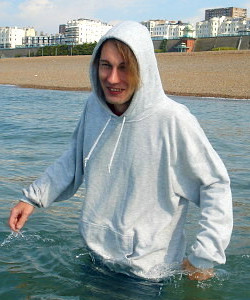 hoodie grey beach wading smile