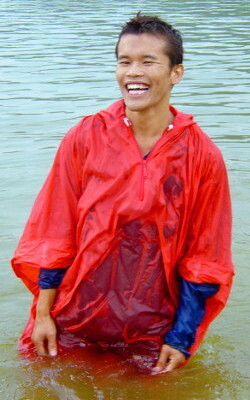 rain hiking in a poncho